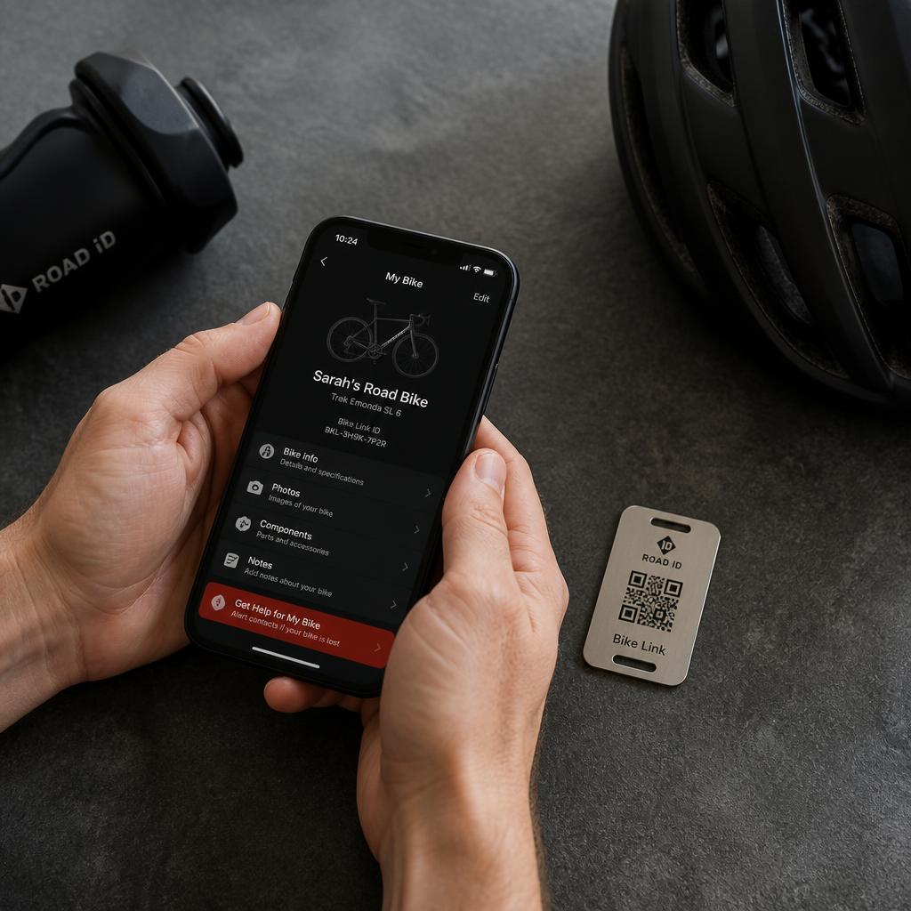 Smartphone scanning a Bike Link tag on a road bike