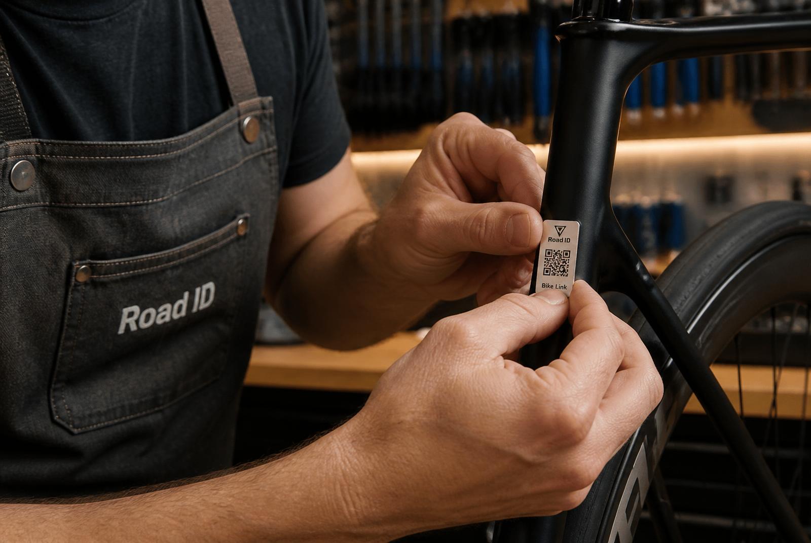 Technician applying an adhesive Bike Link tag to a road bike frame